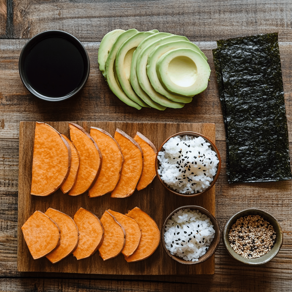 Sweet Potato Roll Sushi – Easy, Crispy, And Quick To Make 9 Sweet potato sushi roll ingredients laid out