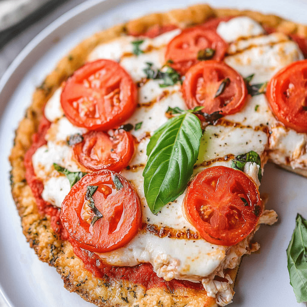 Chicken Crust Pizza Recipe – Quick To Make & Low-Carb 11 Chicken crust pizza on parchment with basil and cheese