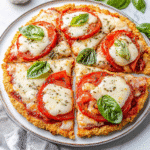 Chicken Crust Pizza Recipe – Quick To Make & Low-Carb 8 Chicken crust pizza on parchment with basil and cheese