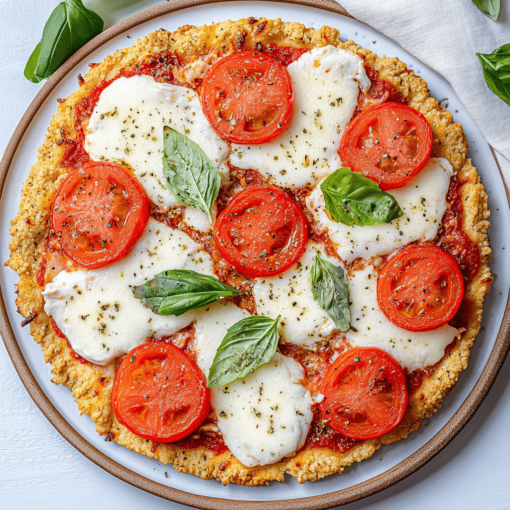 Chicken Crust Pizza Recipe – Quick To Make & Low-Carb 10 Chicken crust pizza on parchment with basil and cheese