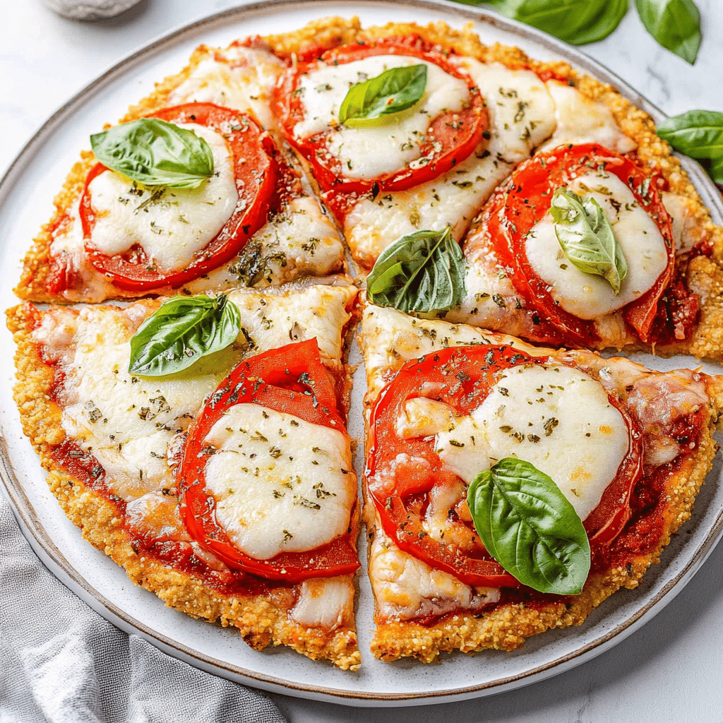Chicken Crust Pizza Recipe – Quick To Make & Low-Carb 7 Chicken crust pizza on parchment with basil and cheese