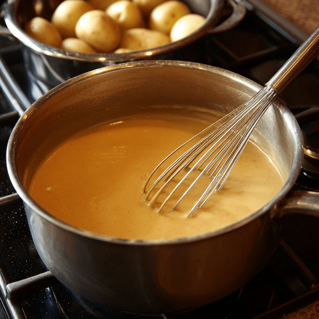 Cream Peas and Potatoes Recipe – Rich, Creamy & Quick To Make 11 Whisking creamy white sauce for peas and potatoes