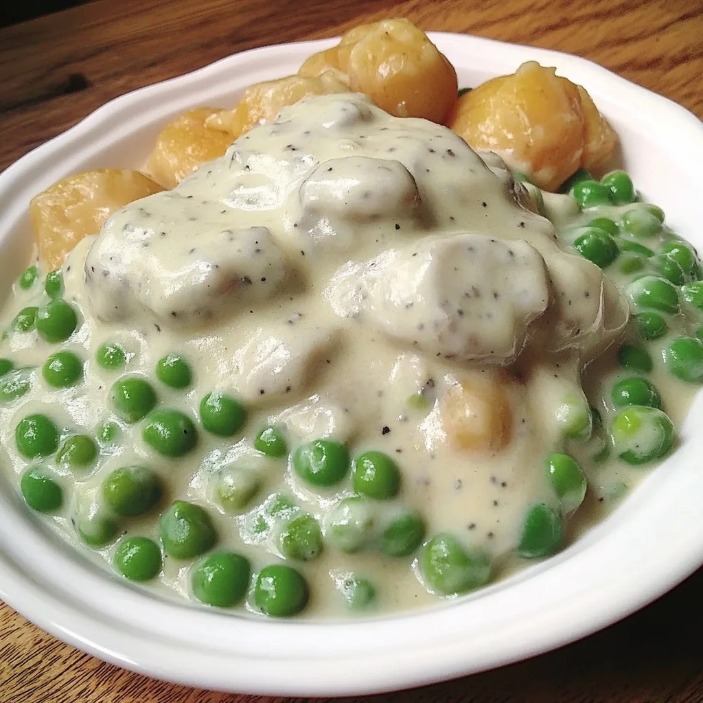 Cream peas and potatoes recipe served in rustic bowl
