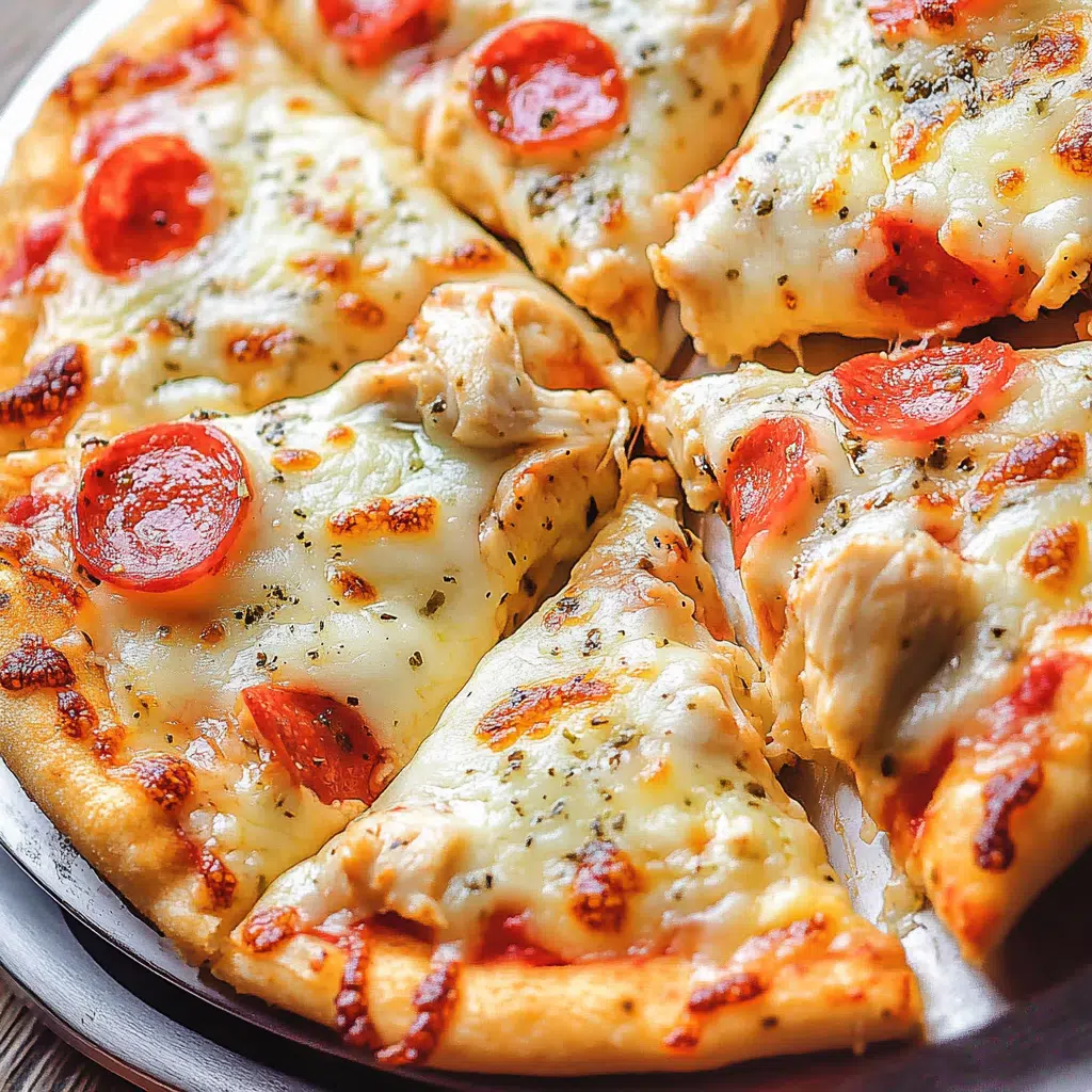 Ground chicken pizza crust baked with cheese and pepperoni