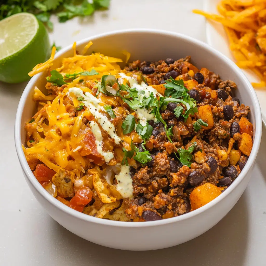 High protein taco bowl with sweet potatoes and beef