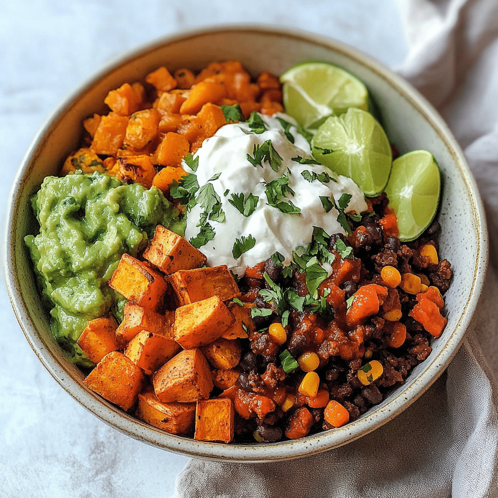 Sweet Potato Taco Bowl: Healthy, Easy & Flavor-Packed Dinner Idea 7 sweet potato taco bowl served with avocado and beef
