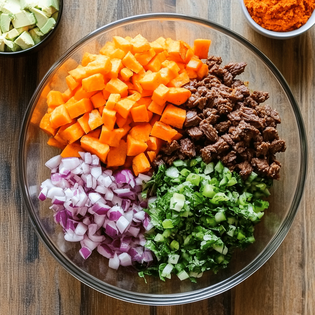 Sweet Potato Taco Bowl: Healthy, Easy & Flavor-Packed Dinner Idea 9 ingredients for sweet potato taco bowl laid out